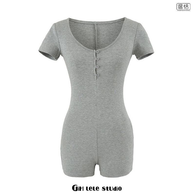 【包邮】欧美风新款时尚纽扣短袖连体裤高腰修身显瘦舒适性感短裤