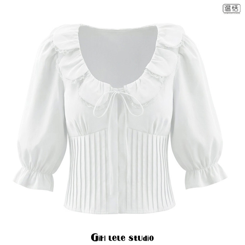 【包邮】纯欲辣妹风气质系带荷叶边灯笼袖衬衫女修身显瘦褶皱上衣,女装/女士精品,衬衫,淘宝优惠券,粉丝福利购,淘宝优惠卷
