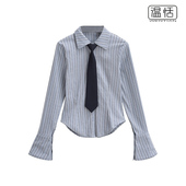 包邮 减龄学院风条纹领带饰衬衫 翻领单排扣修身 显瘦喇叭袖 衬衣