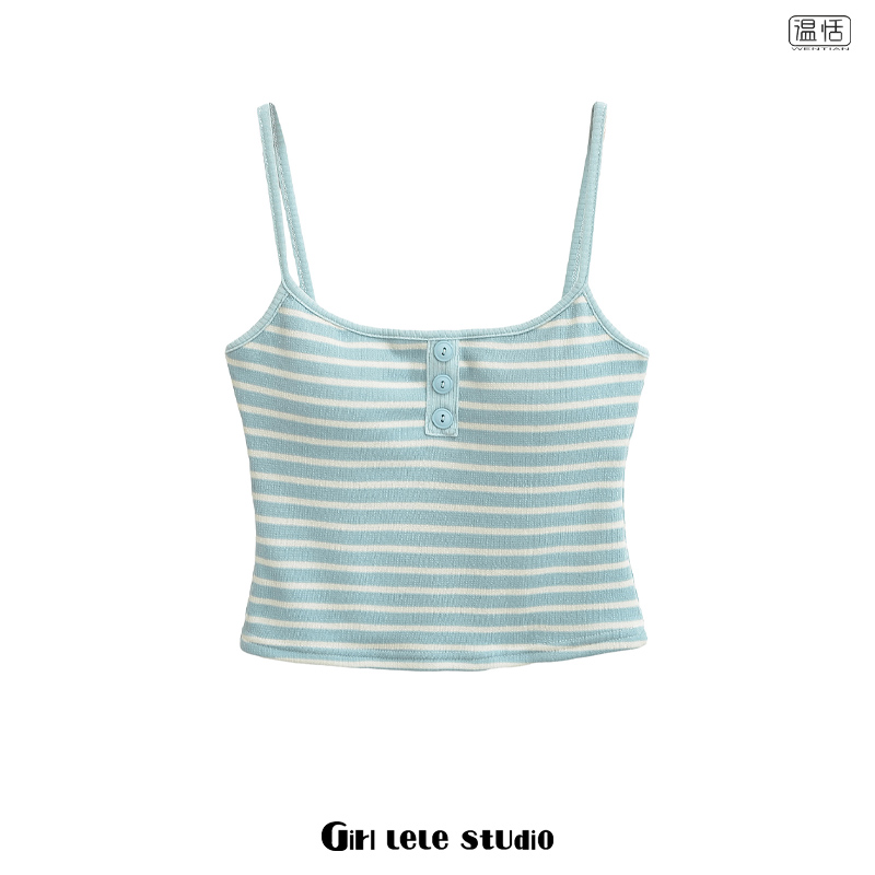 【包邮】美式辣妹性感条纹吊带背心女纽扣饰修身显瘦无袖百搭上衣