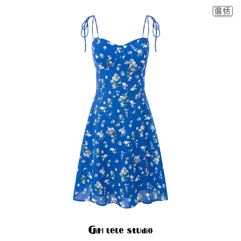 【包邮】法式蓝底碎花短裙女双肩系带设计收腰显瘦度假吊带连衣裙