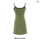 复古木耳边拼接露锁骨吊带连衣裙女绿底波点印花短裙 法式 包邮