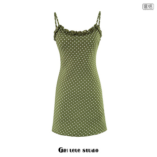 【包邮】法式复古木耳边拼接露锁骨吊带连衣裙女绿底波点印花短裙