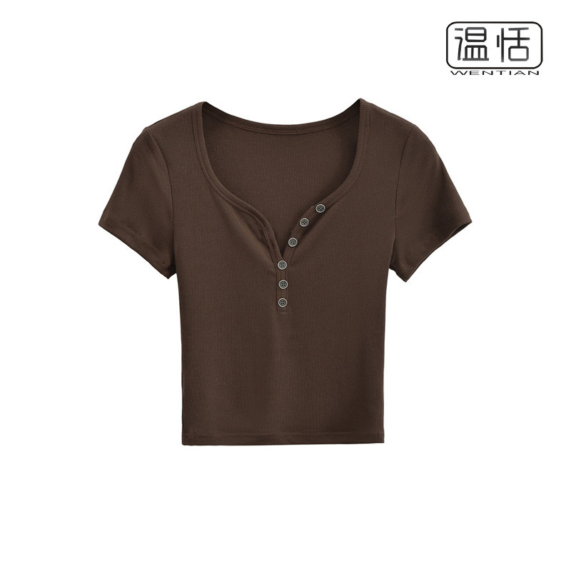 【包邮】欧美风V领纽扣饰正肩短袖T恤女紧身显瘦露脐短裤打底上衣