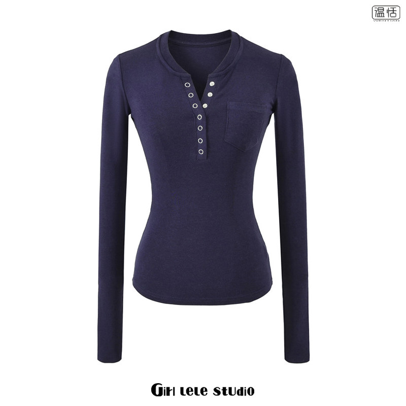 【包邮】美式复古9色亨利领纽扣饰长袖T恤女修身显瘦打底衫上衣