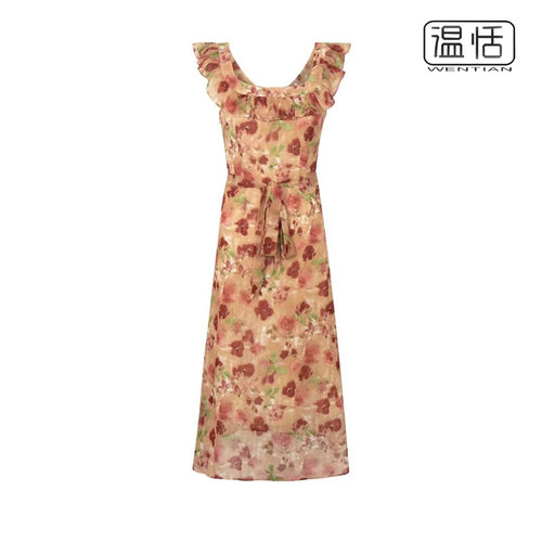 法式A字碎花系带度假连衣裙