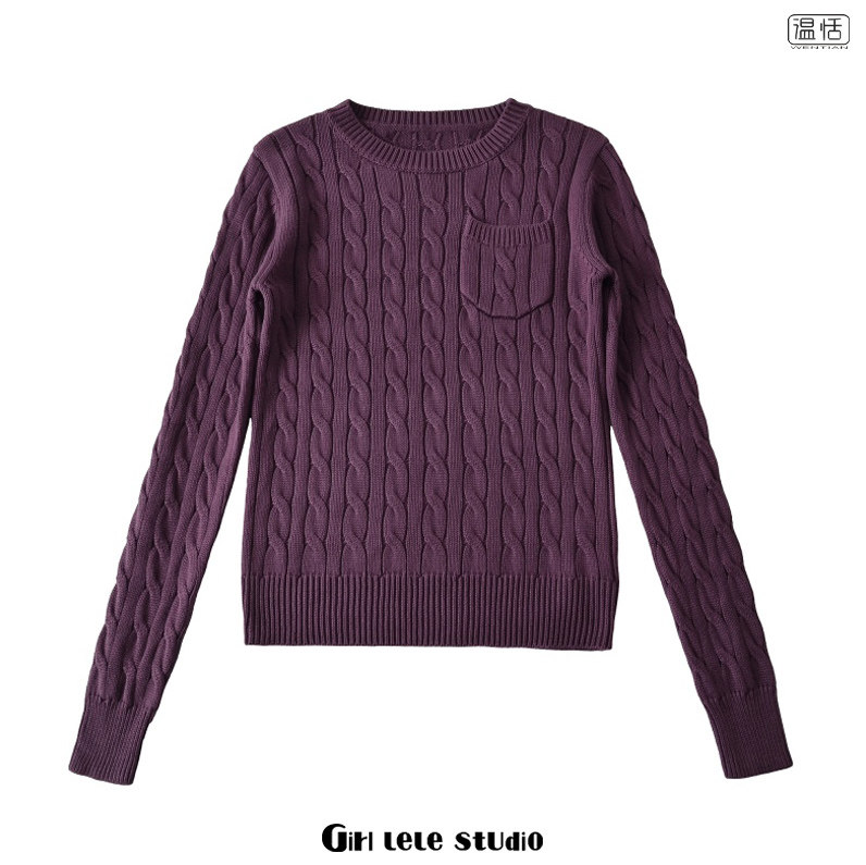 【包邮】美式复古风气质圆领麻花针织衫宽松显瘦套头毛衣百搭上衣