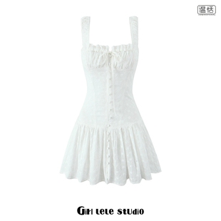 复古宽肩带抽绳系带吊带连衣裙度假风白色修身 法式 短裙子 包邮