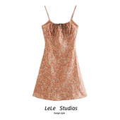 美式 包邮 小众印花抽绳领口吊带短裙气质露肩收腰显瘦连衣裙潮