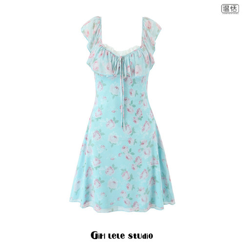 【包邮】辣妹复古碎花荷叶边拼接系带连衣裙女修身显瘦A字短裙子