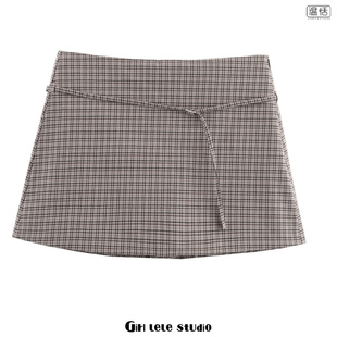 包邮 显瘦腰带A字时尚 美式 纹半身裙高腰修身 百搭短裙 复古风格