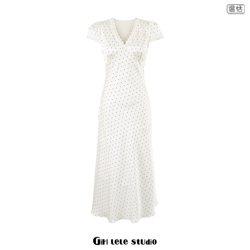 【包邮】法式复古波点印花V领蕾丝拼接短袖连衣裙女收腰显瘦长裙