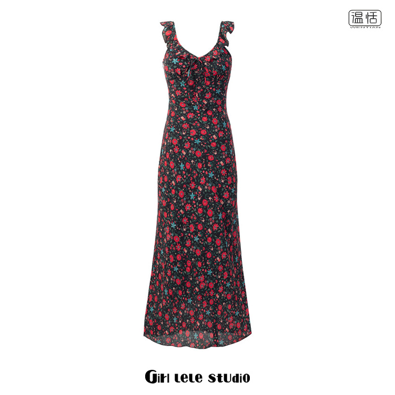 【包邮】欧美荷叶边V领小飞袖收腰显瘦黑底碎花连衣裙女气质长裙