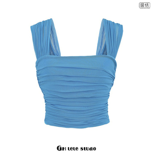 显瘦吊带百搭气质无袖 纯欲辣妹性感双层褶皱网纱修身 上衣 包邮