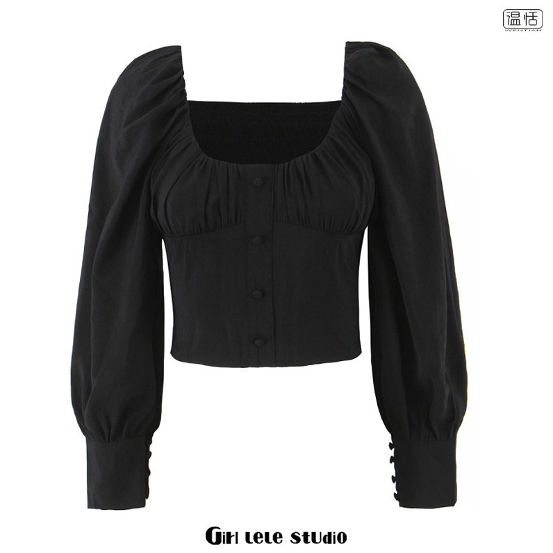 【包邮】纯欲辣妹风气质方领泡泡袖衬衫黑色性感短款束腰百搭上衣