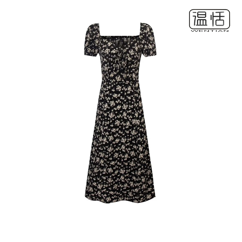 法式复古A字碎花开叉长裙