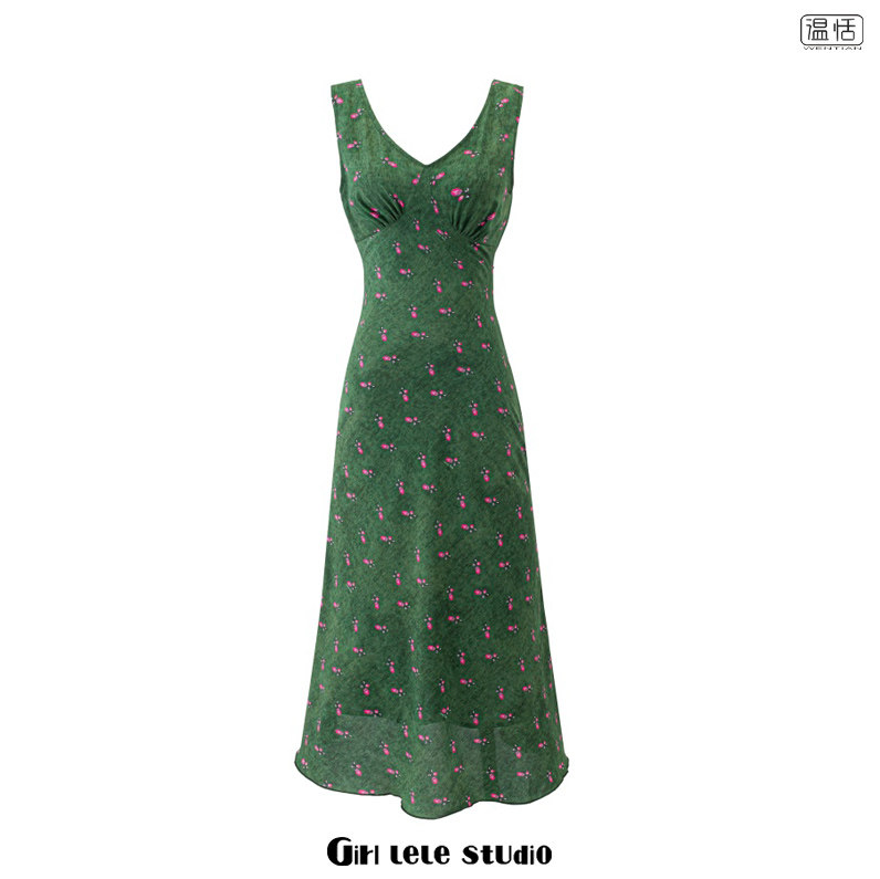 【包邮】美式复古辣妹风绿色碎花V领无袖连衣裙女设计感显瘦裙子