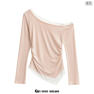 T恤撞色收腰设计感打底衫 辣妹风斜肩假两件长袖 美式 上衣 包邮