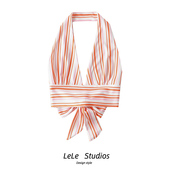 包邮 欧美ins博主款 性感深V领挂脖式 条纹显瘦高腰短款 背心吊带