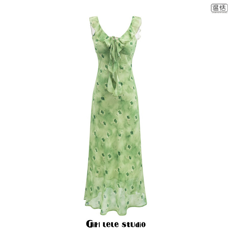 【包邮】纯欲辣妹风印花连衣裙女V领系带荷叶边修身显瘦气质长裙,女装/女士精品,连衣裙,淘宝优惠券,粉丝福利购,淘宝优惠卷