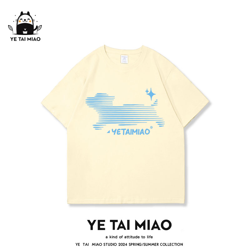 YE TAI MIAO美式线条狗狗纯棉短袖t恤女2025夏新款潮牌宽松男上衣