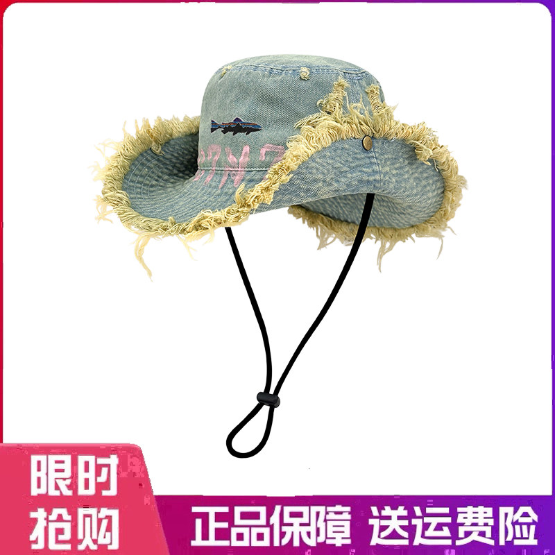 户外帽子字母涂鸦毛边牛仔登山帽女春夏出游遮阳防晒显脸小渔夫帽