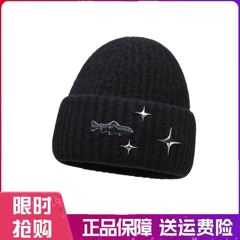 户外帽子星星针织帽女秋冬季宽松大头围保暖护耳毛线帽显脸小冷帽