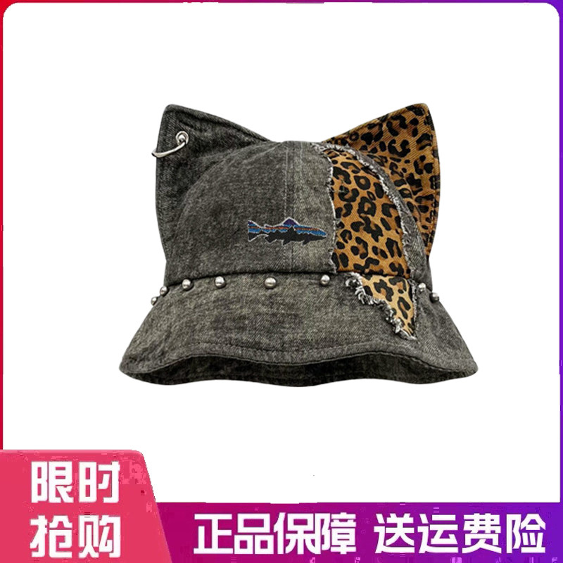 户外帽子猫耳柳钉豹纹渔夫帽女复古个性遮阳百搭显脸小盆帽水桶帽