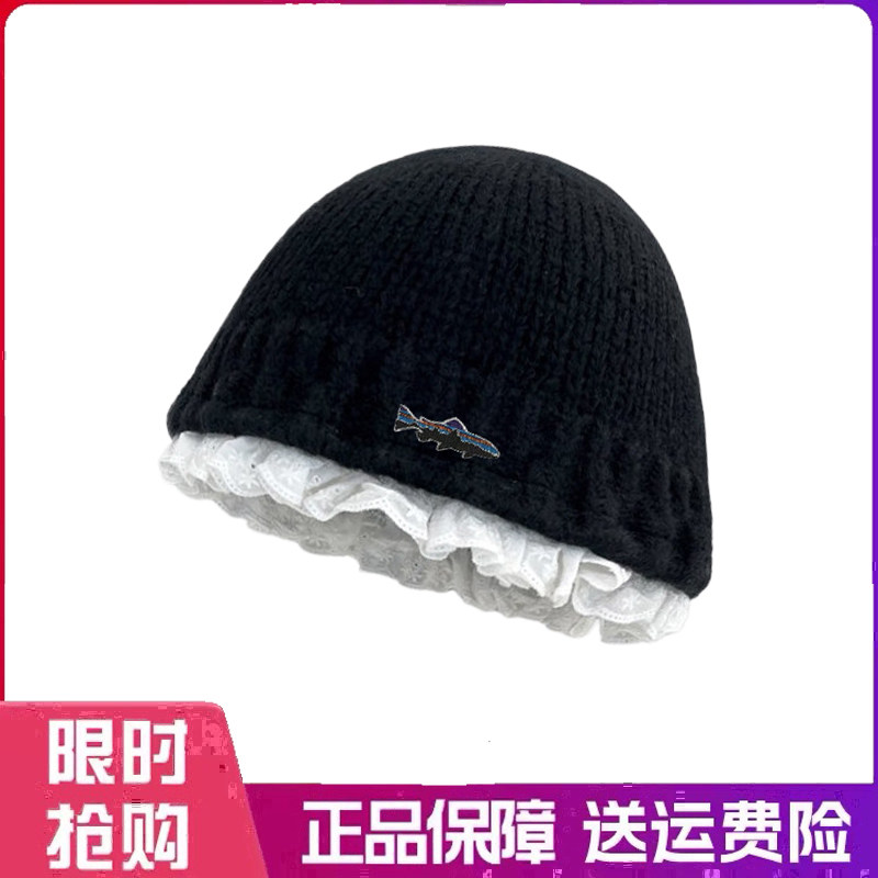 户外帽子甜美慵懒蕾丝花边针织渔夫帽女秋冬保暖护耳显脸小毛线帽