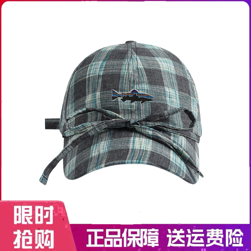 户外帽子复古网格绑带蝴蝶结鸭舌帽女韩版工装休闲格纹文艺棒球帽