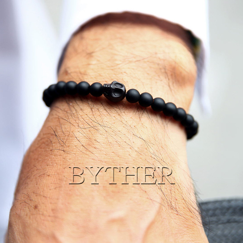 韩国潮牌BytheR男女款百搭时尚个性骷髅吊坠黑石手镯手链串珠手串