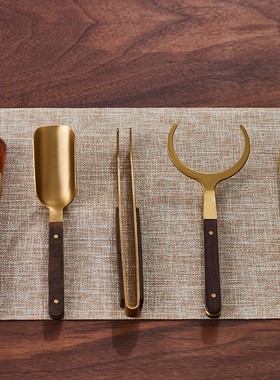 茶道六君子铜实木茶夹杯夹镊子茶勺茶刀杯叉养壶笔刷功夫茶具套装