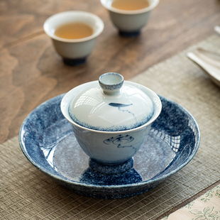 手绘青花瓷高足盖碗不烫手陶瓷三才碗茶碗敬茶碗大号功夫茶杯茶具