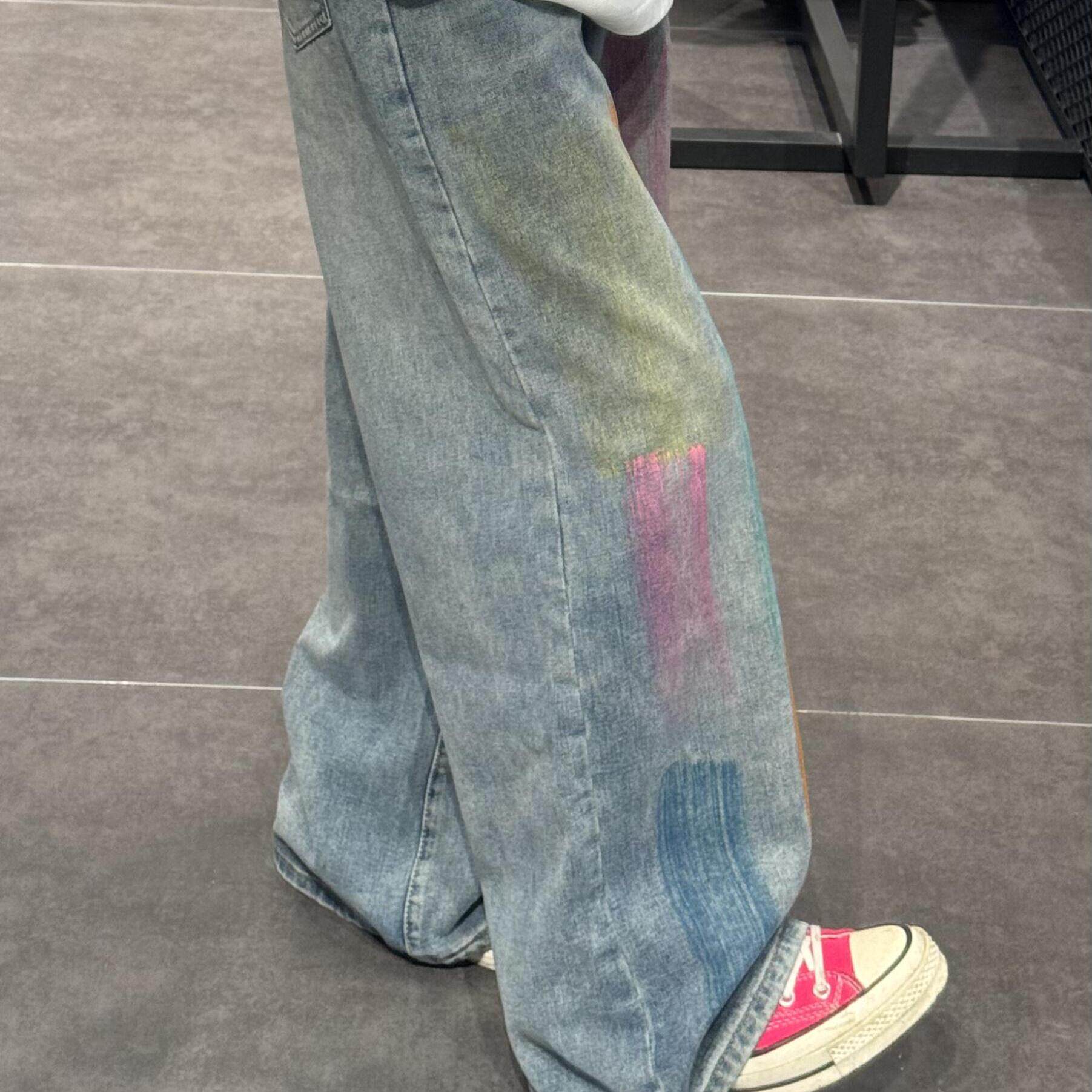 大码胖mm高街彩绘阔腿牛仔裤女潮