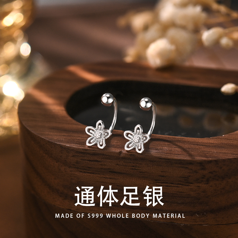 s999纯银耳环高级感轻奢迷你小花朵耳钉螺丝拧扣耳挂养耳洞耳饰女
