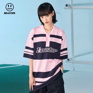 新款 BEASTER 字母印花短袖 官方鬼脸条纹撞色polo衫 上衣女男 Wave