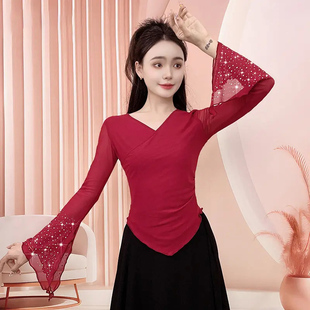 舞蹈上衣单件网纱烫钻喇叭袖气质V领T恤修身优美酒红色纱衣古典舞