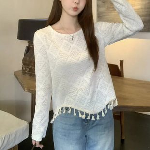 洋气不规则镂空针织衫流苏长袖T恤女胖MM设计感圆领上衣大码女装