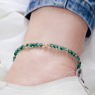 玉足脚环水草玉髓玛玛瑙绿14K包合金脚链女学生水晶脚踝链手链