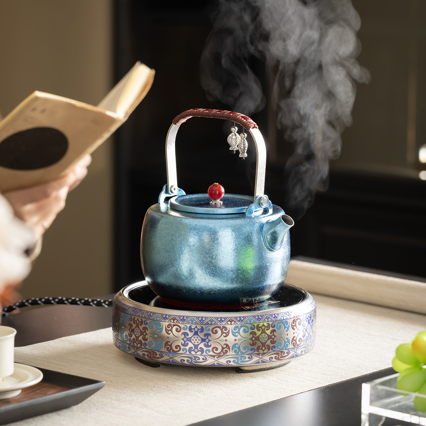 福韵蓝色鎏钛银陶瓷电陶炉煮茶器提梁茶壶家用蒸汽煮茶炉茶具套装,餐饮具,煮茶炉,淘宝优惠券,粉丝福利购,淘宝优惠卷