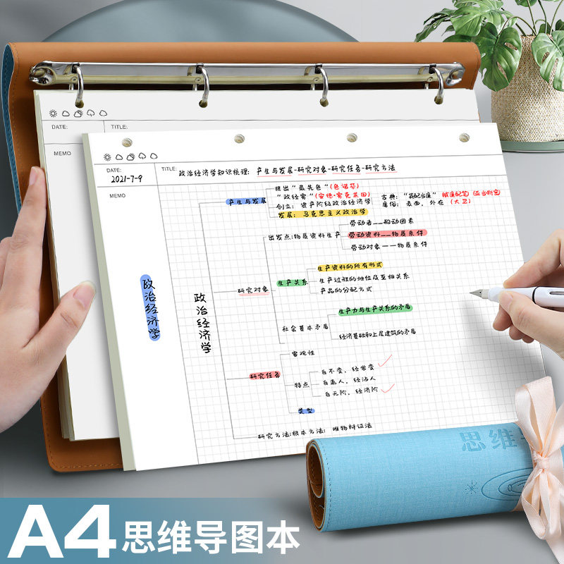思维导图本A4大号加厚活页本B5软皮记事本笔记本子康奈尔笔记不硌手考研专用本4孔活页记事本可拆卸替换内芯 - 实物图