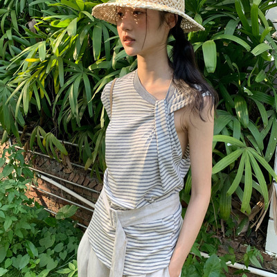 NEIHE内赫不规则条纹扭结设计感小众修身短袖女t恤新款夏天上衣女