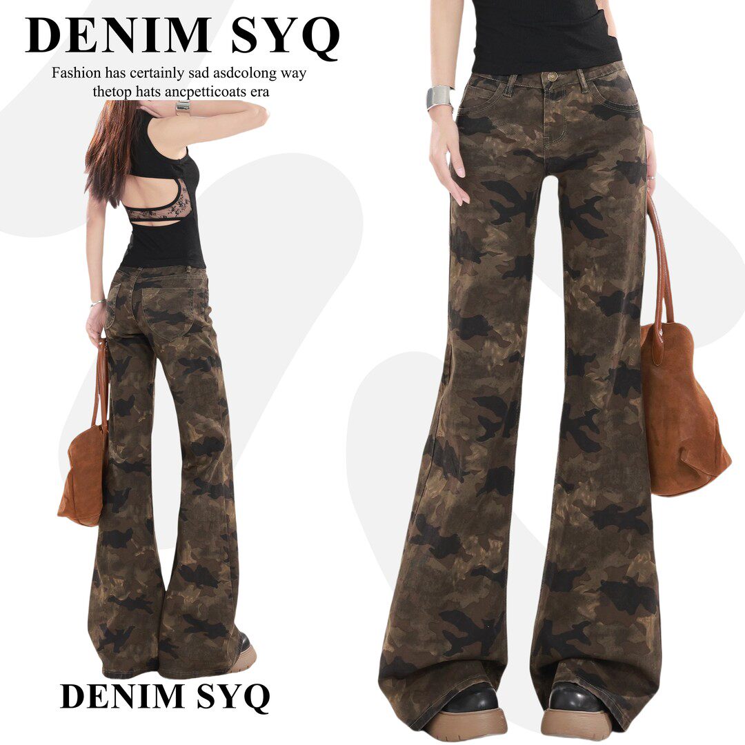 Denim淑娅琦美式迷彩复古低腰辣妹微喇牛仔裤女2026修身喇叭裤子