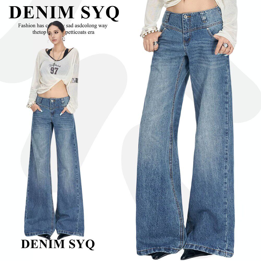 Denim淑娅琦无腰头水洗低腰阔腿牛仔裤女2026秋季新款纹理感裤子