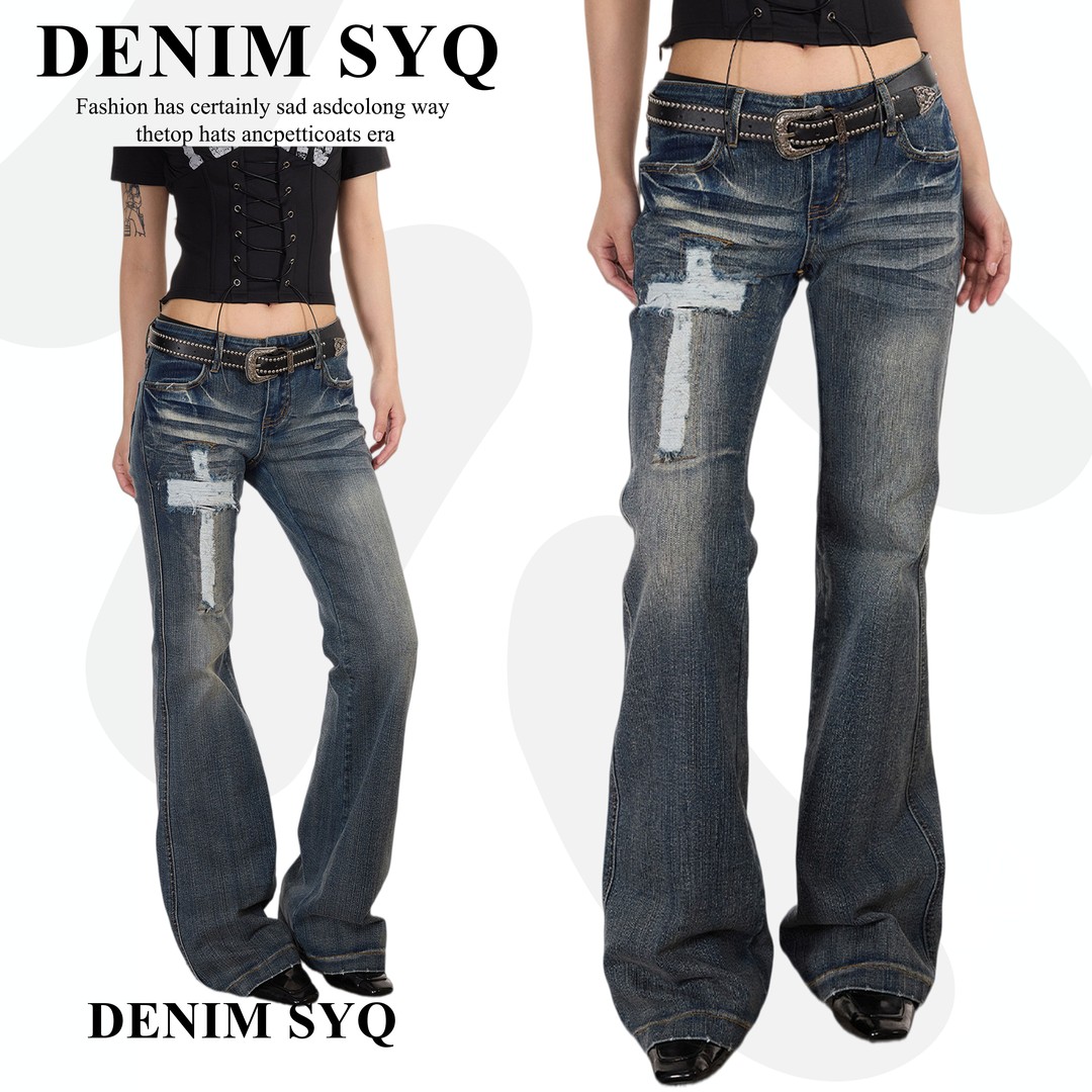 Denim淑娅琦美式复古辣妹低腰十字架秋小众重工洗水做旧牛仔裤潮