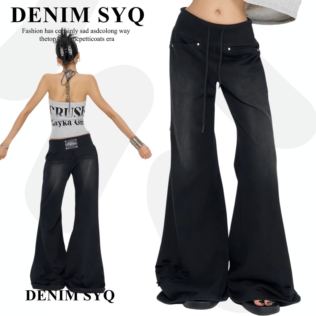 Denim淑娅琦高级设计感独特微喇卫裤女2026秋季显瘦复古低腰裤子