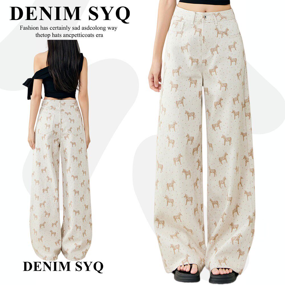 Denim淑娅琦美式复古小马印花阔腿牛仔裤2026新款百搭直筒显瘦裤