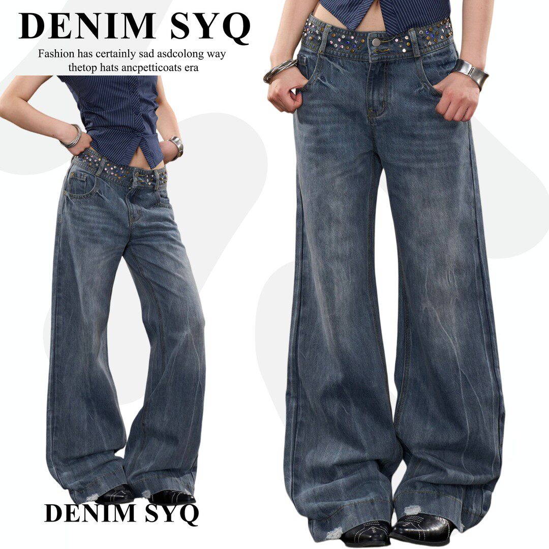 Denim淑娅琦美式复古水洗做旧铆钉阔腿牛仔裤女2026新款休闲长裤