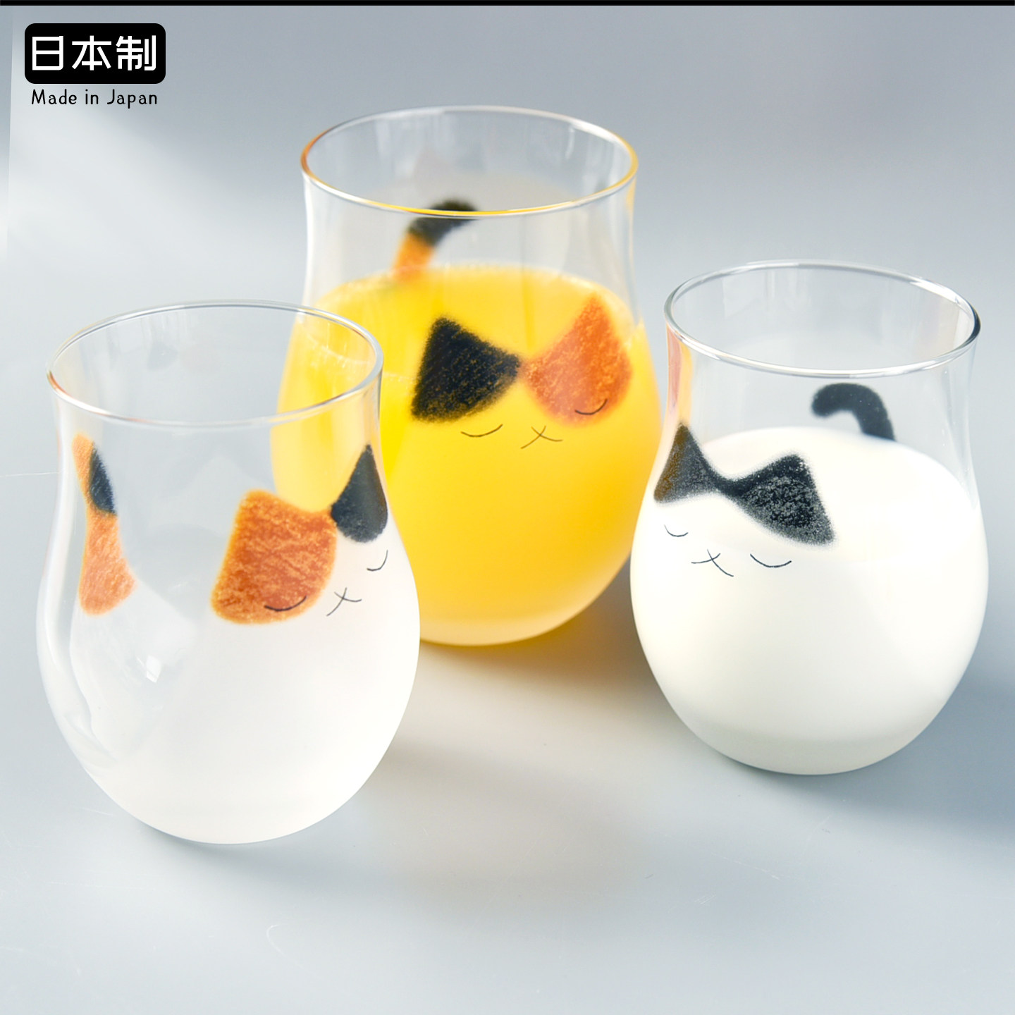 aderia日本制进口玻璃杯早餐杯卡通猫咪可爱水杯高颜值家用小杯子