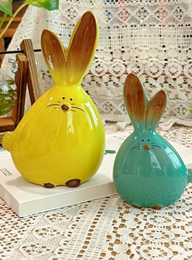 陶瓷兔子摆件一对 治愈系桌面摆设创意可爱小摆件